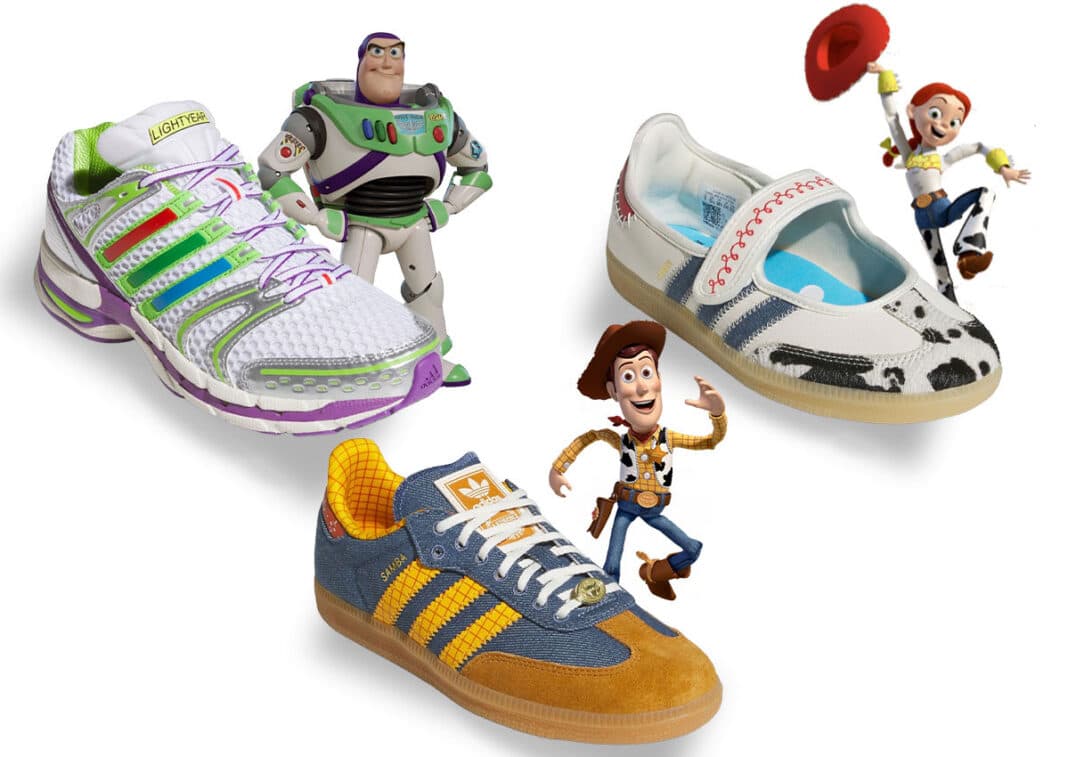 Colección Adidas x Toy Story 5 mostrando los tres modelos Samba Woody, Samba Jane Jessie y Adistar Buzz Lightyear