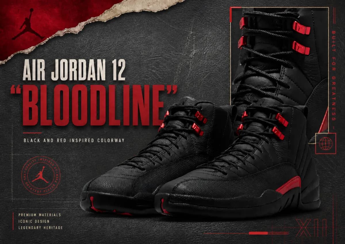 Air Jordan 12 Bloodline en colorway Black y Varsity Red con detalles metálicos rojos