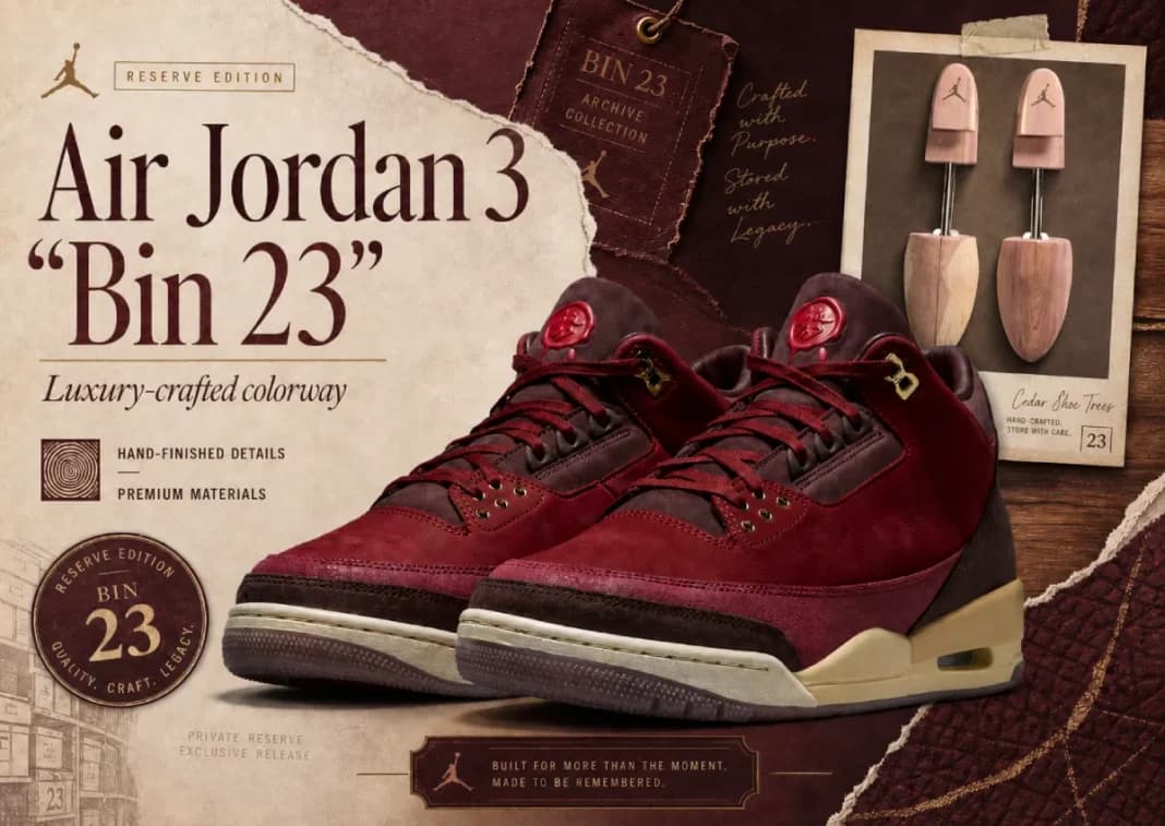 Air Jordan 3 BIN 23 en colorway Team Red, Burgundy Crush y Metallic Gold