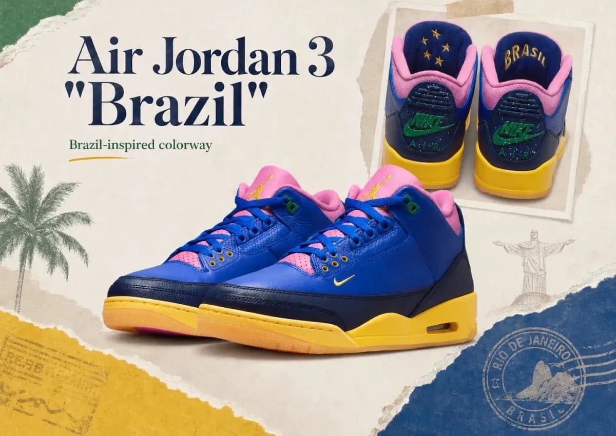 Air Jordan 3 Brazil en colorway Racer Blue, Lucky Green y Varsity Maize