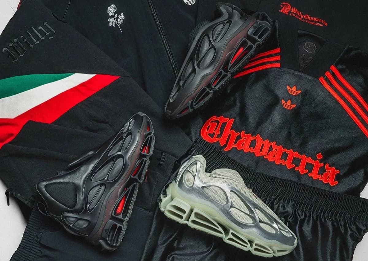 Las tres versiones del Megaride de Willy Chavarria x adidas Originals Fall 2026 sobre prendas de la colección