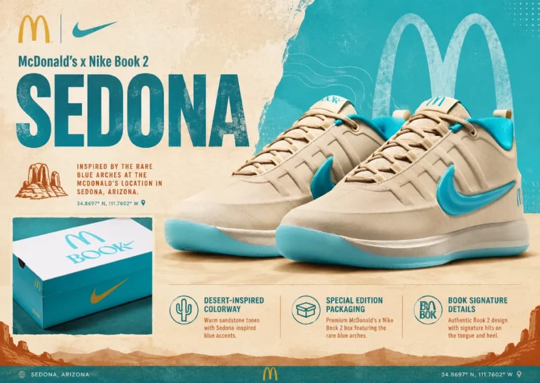 McDonald's x Nike Book 2 Sedona en colorway Sanddrift, Dusty Cactus y Red Stardust
