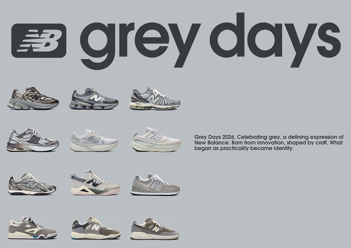 Colección New Balance Grey Days 2026 con múltiples modelos en tonos grises