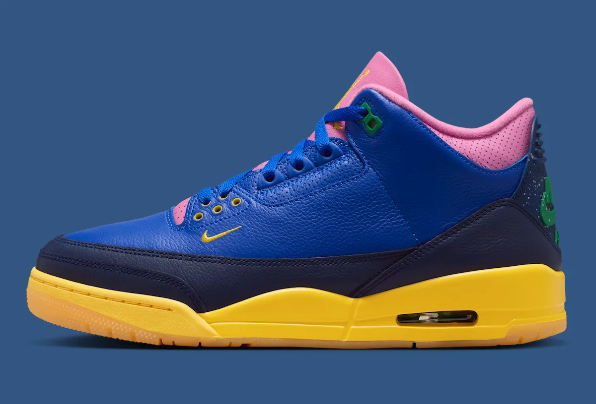 Vista detallada del Air Jordan 3 Brazil mostrando la paleta de colores