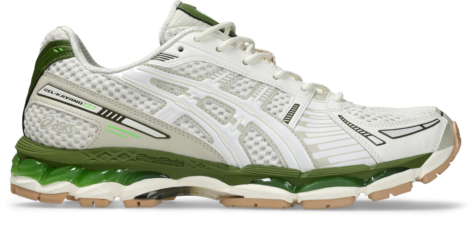 Vista lateral de la atmos x ASICS GEL-KAYANO 12.1 con mesh blanco crema, mediasuela verde oliva y ventanas de GEL verdes
